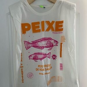 Farm Rio Oversized White Should Pad Tshirt Fish M
